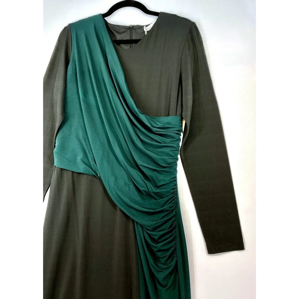 Hugo Boss Eretha Black Green Colorblock Dress Sz XL Ruched Long Sleeve Cocktail - Picture 4 of 14